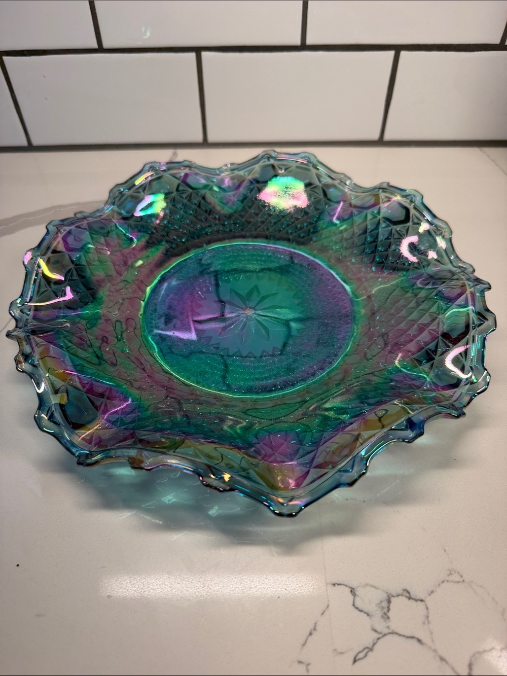 Indiana Glass Iridescent Carnival Glass Bowl circa 1974 Made In USA 10" diameter